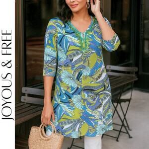 JOYOUS & FREE Purple & Green Embellished Print Tunic, S